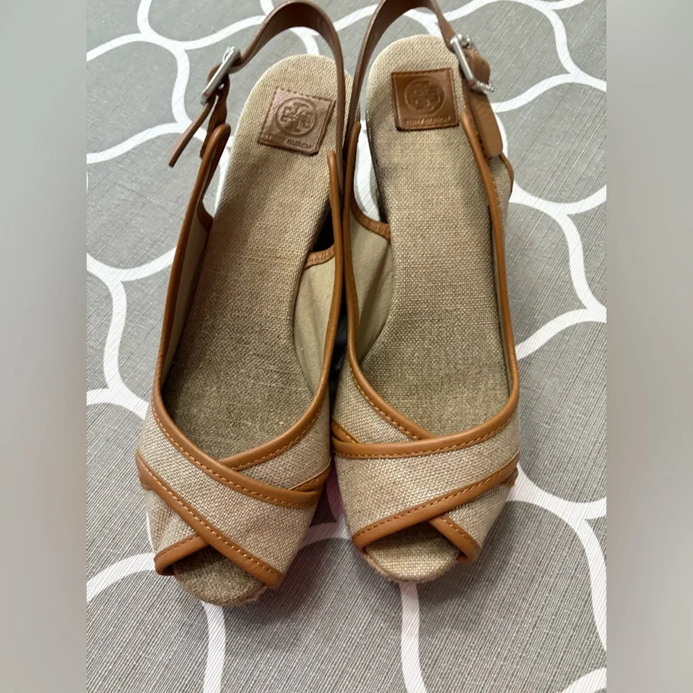 Tory Burch Majorca Peep Toe Espadrille Wedge Leather Shimmer Sling Back Sandals